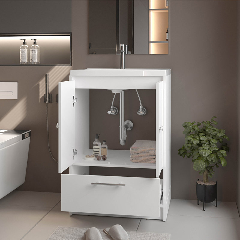 Meuble-lavabo autoportant blanc à 2 portes avec lavabo et tiroir inférieur, Blanc