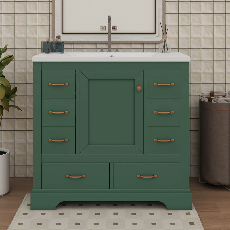36" Bathroom Vanity And Sink Combo With Six Drawers And Flexible Drawer Divider, Green