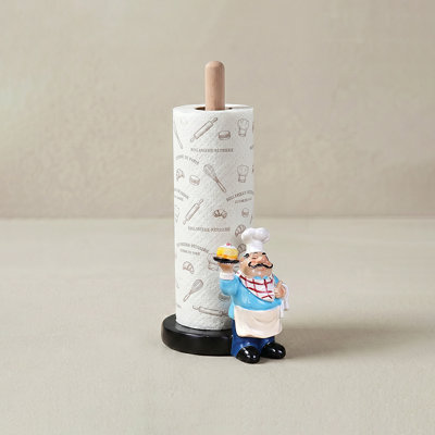 11.6" Multicolor Chef Figurine Paper Towel Holder, Resin Kitchen Countertop Decor with Wooden Dowel Rod, French Country Style