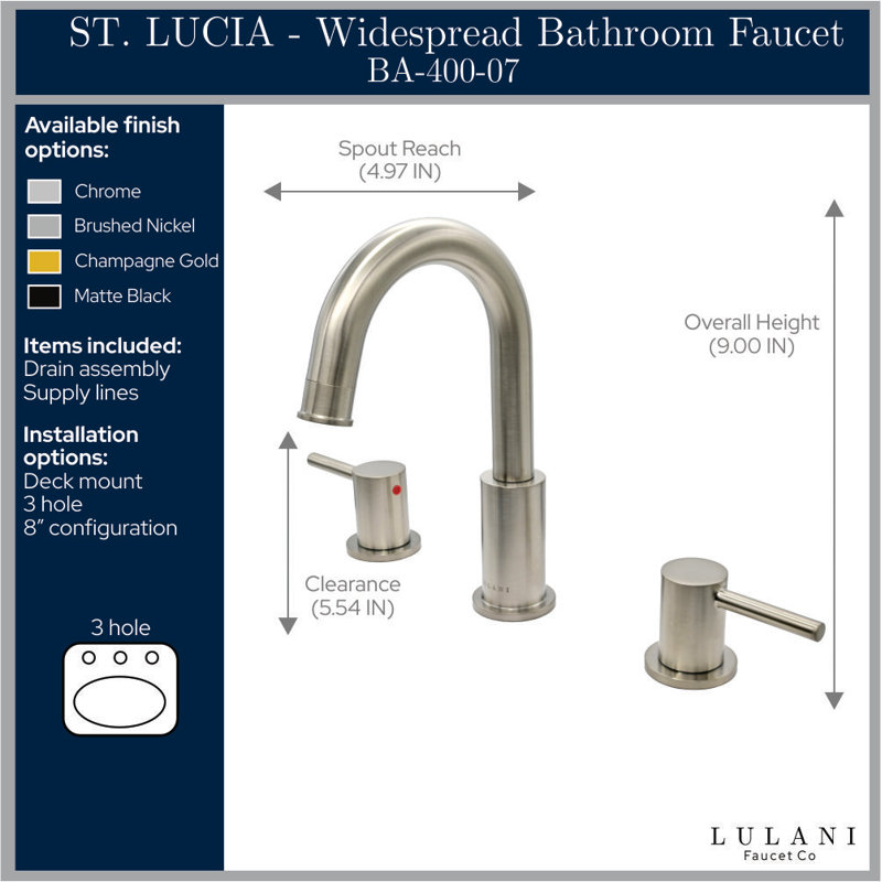 Robinet de salle de bain espacé avec ensemble de bonde Lulani St. Lucia, Chrome