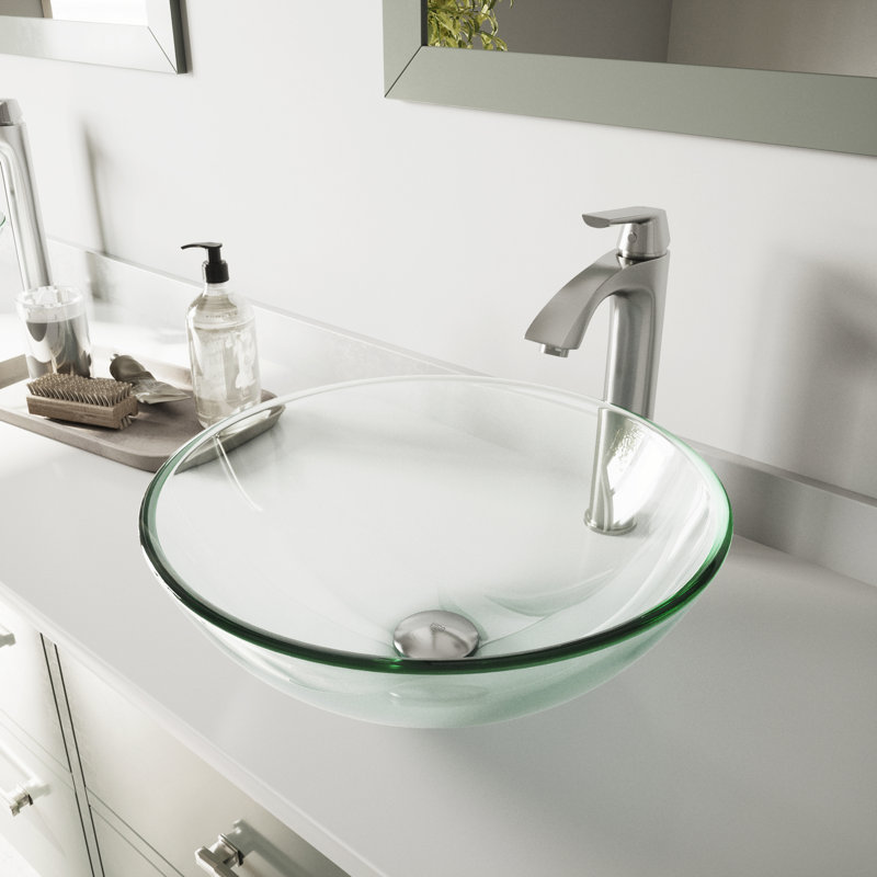 Giovanni 17" L x 17" W x 6" H Round Glass Vessel Bathroom Sink with 12" H Faucet, Brushed Nickel, Black