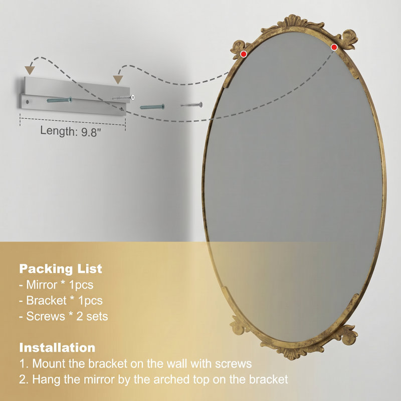 Miroir ovale en verre trempé Lunara, Doré, 39,8 po x 28,3 po