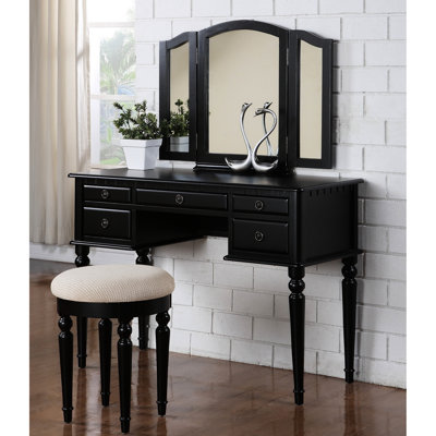 Black Color Bedroom Vanity With Stool And Birch Veneer - Elegant Style In Foldable Mirror Classic Design