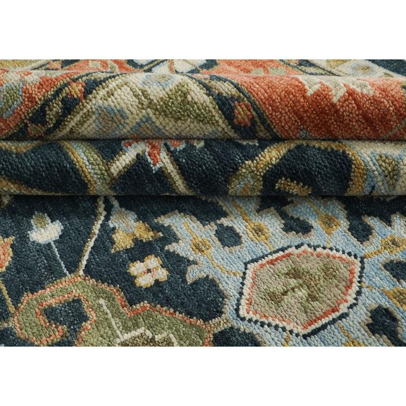 Tapis bleu en laine noué à la main 12 pi 3 po x 15 pi 2 po