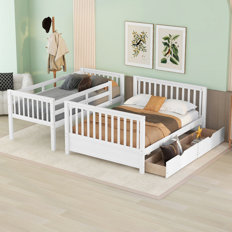 Lit simple superposé en bois avec échelle et 2 tiroirs de rangement, lit superposé pour enfant, blanc, White