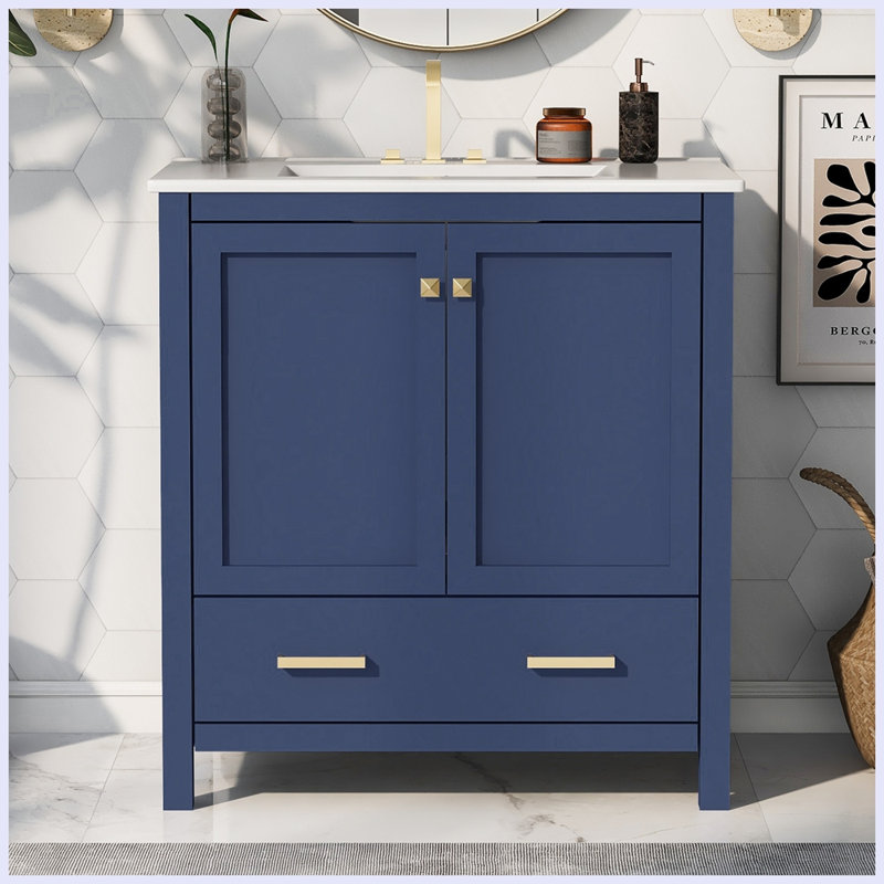 Meuble-lavabo moderne avec lavabo simple et tiroir, Bleu