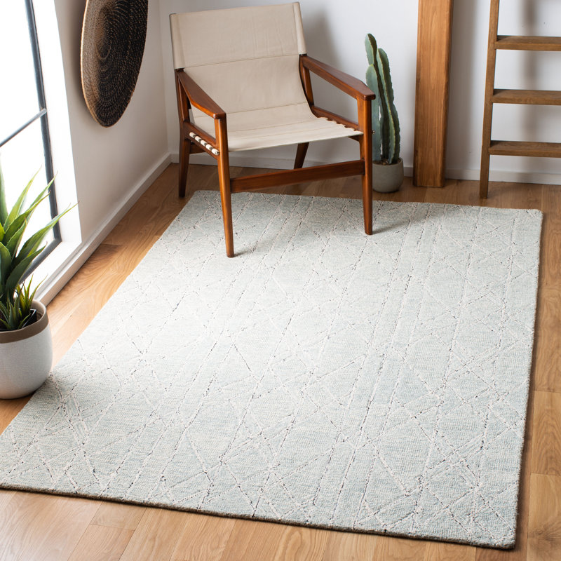 Dam Hand Tufted Wool/Cotton Geometric Rug in Ivory/Light Blue, Rectangle 5' x 8'