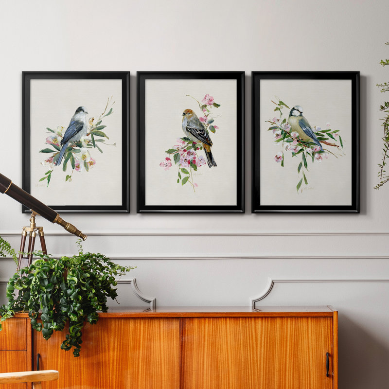 «Spring Song Blue Bird», ensemble de 3 peintures sur toile encadrées, Toile encadrée noire, H 30,5 po x l 42,5 po x P 4,5 po