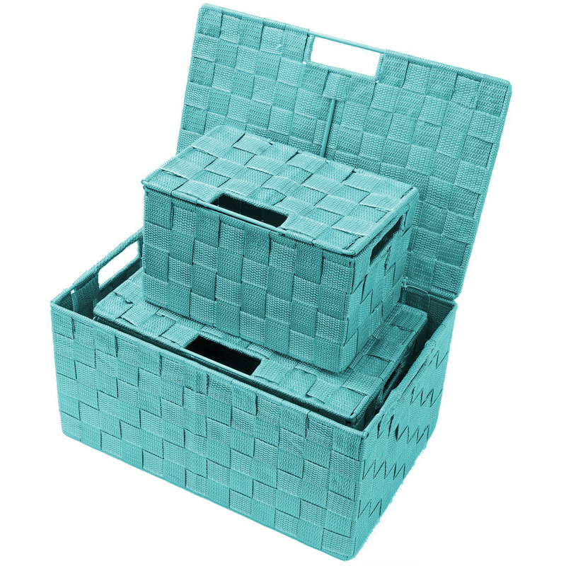 Sorbus Stackable Woven Basket with Lid and Handles 3 Pack, Aqua
