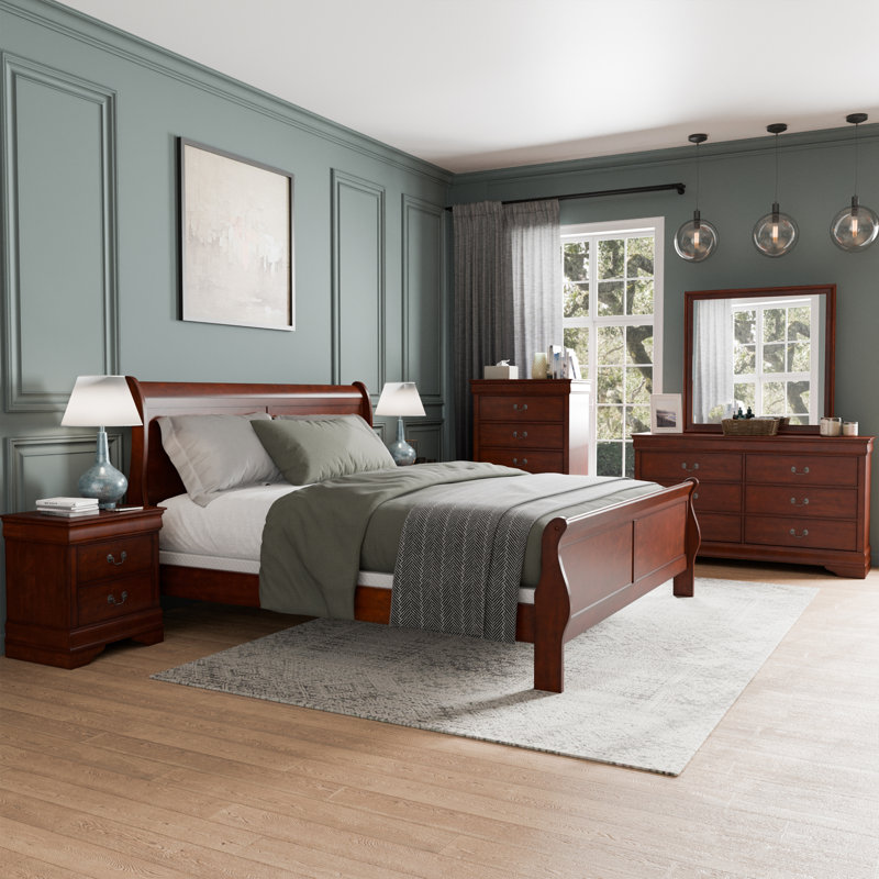 Ensemble de chambre à coucher 6 pièces Aberdeen, Brun, Grand, 6 Pcs: Bed, 2 Nightstands, 2 Dressers, Mirror