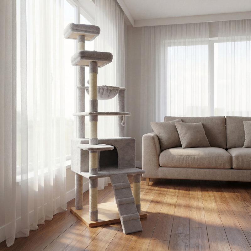 Arbre à chat 71 po à plusieurs niveaux avec hamacs, plateforme à 2 plateaux, grotte pour chat, poteaux à griffer - tour de chat en peluche pour chats d'intérieur, parfait pour plusieurs chats