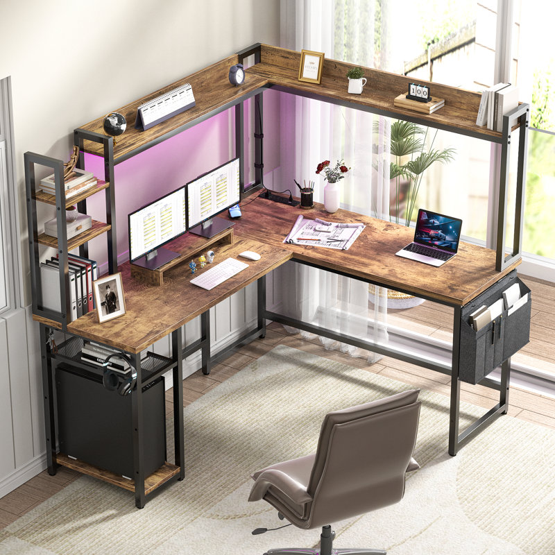 Bianco L-Shaped Desk with Hutch & Power Outlet, Gaming Desk Corner Computer Desk with Led Lights, Brown/Black