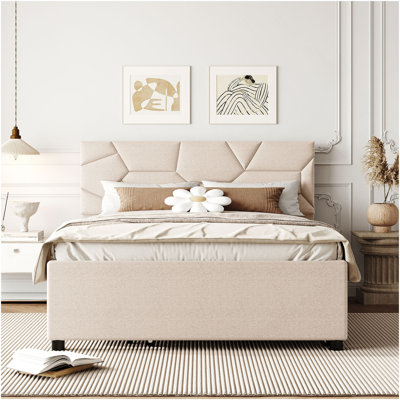 Lit plateforme double tapissier avec tête de lit à motif brique et gigogne simple, tissu en lin, beige