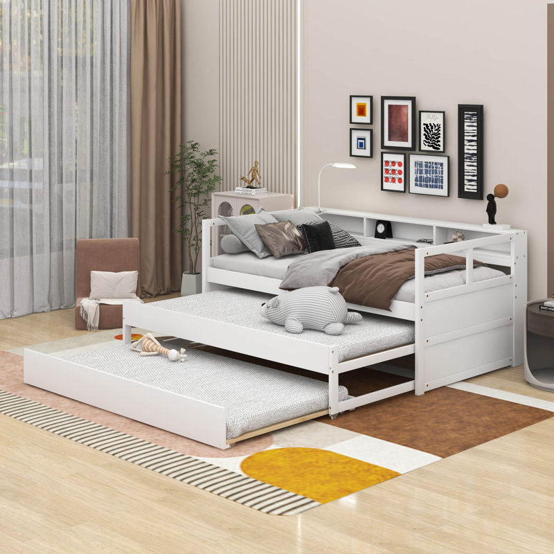 Twin XL Wood Daybed With 2 Trundles, 3 Storage Cubbies, 1 Light For Free And USB, White