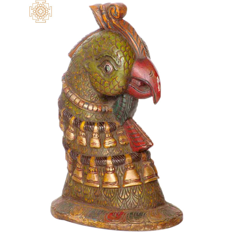 Hand-Carved Wood Parrot Head Sculpture, 13 in. Tall     South Indian Temple Art for Living Room & Spiritual Decor