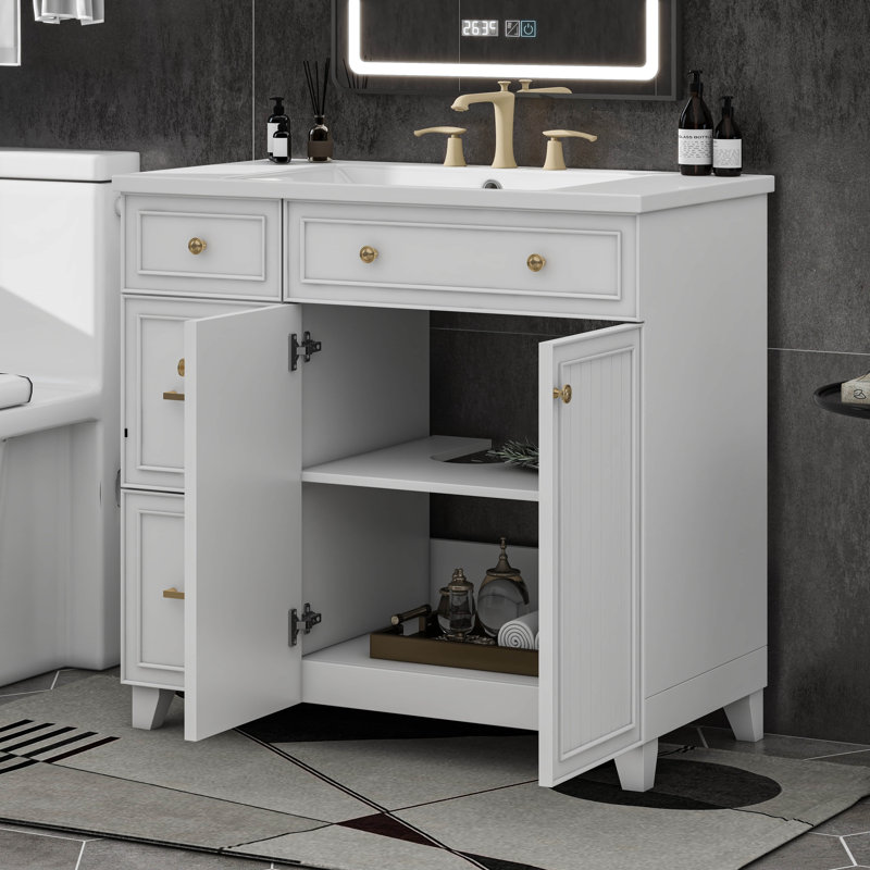 Meuble-lavabo 36 po avec lavabo en céramique, armoire de rangement avec portes à tiroirs et à fermeture en douceur et tablettes réglables