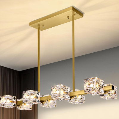Lustre rectangulaire moderne en cristal doré avec hauteur réglable, luminaire suspendu de style campagnard à 8 lumières avec abat-jour en cristal K9 pour salle à manger, îlot de cuisine, salon, chambre à coucher