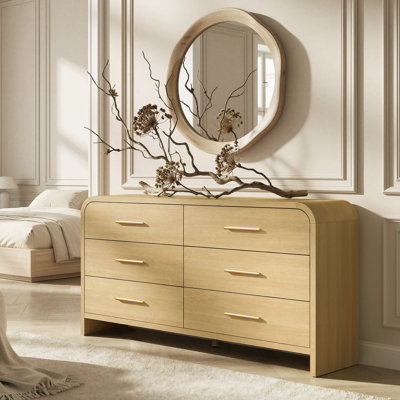Commode 6 tiroirs 54 po, commode en bois à bord arrondi avec poignées dorées, armoire de rangement en chêne
