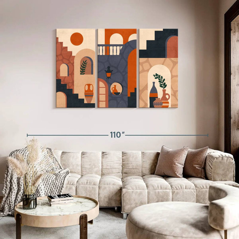 Abstrait architecture Mid-Century sur toile 3 pièces, H 48 po x l 74 po x P 1,25 po