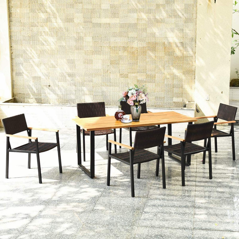 Acacia Wood and Black Metal 6-Person Outdoor Dining Set with Rattan Chairs