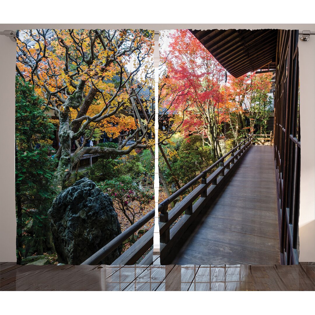 Rustikaler Vorhang, Holz Balkon Aussicht, japanisch, Grün Braun