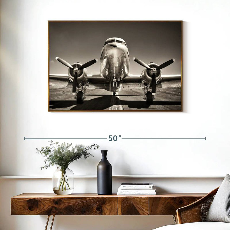 Avion rétro noir et blanc, Cadre flottant doré, 37 po x 25 po