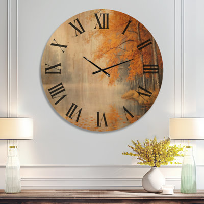 Oversized Scenic Printed Wood Wall Clock – Foggy Fall Riverbank