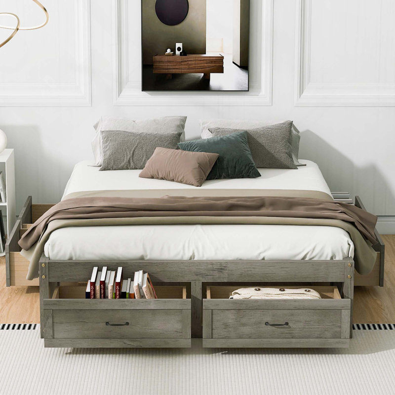 Lit plateforme avec rangement et 6 tiroirs, Gris antique, Grand lit