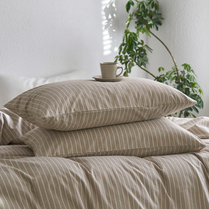 Taies d'oreiller 100% coton lavé MooMee,  Très grand (20 po x 36 po), Rayures larges blanches et gris lin tanné