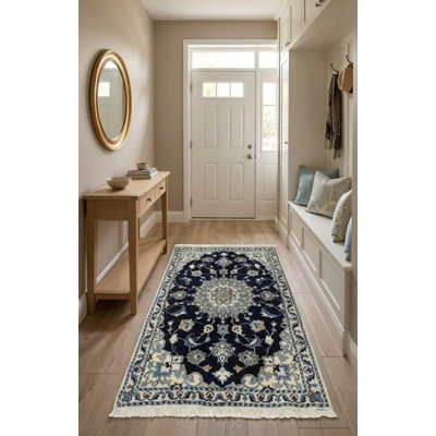 Tapis bleu marine en laine noué à la main de conception unique 2000 pi 2 pi 11 po x 4 pi 5 po Carlie