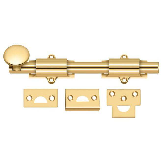 Boulon de surface 8 po Deltana 8SB003; robuste; finition laiton à vie, H 1,25 po x l 8 po x P 1 po
