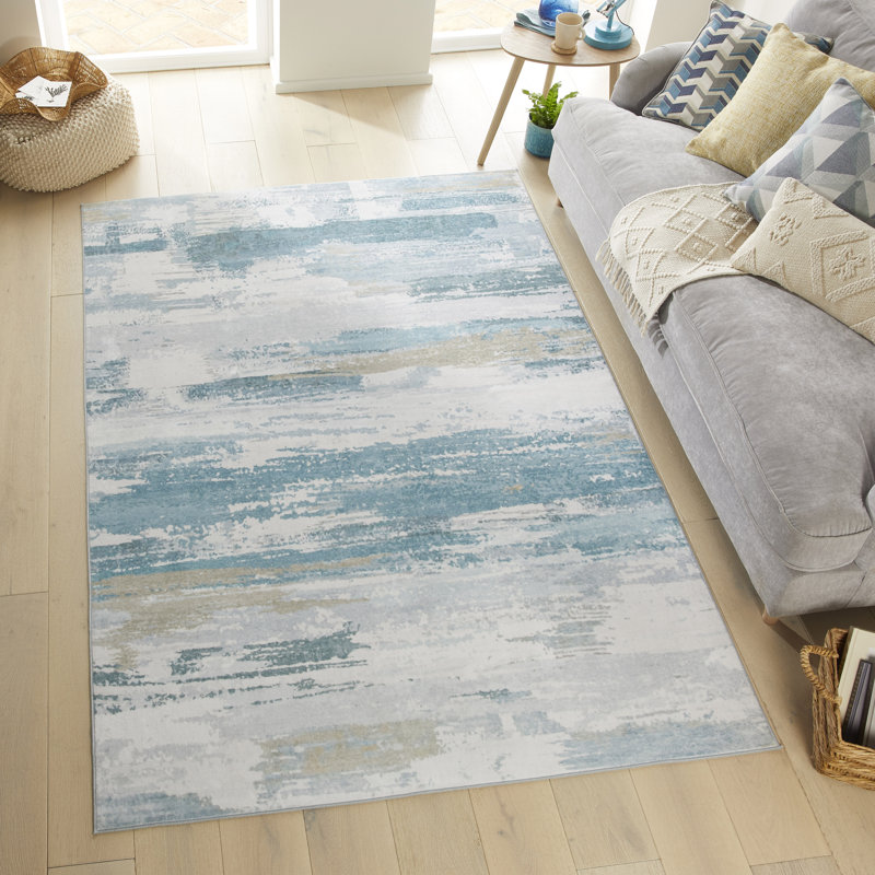 Abstract Blue Washable/Stain Guarded Area Rug , Rectangle 160 x 230 cm
