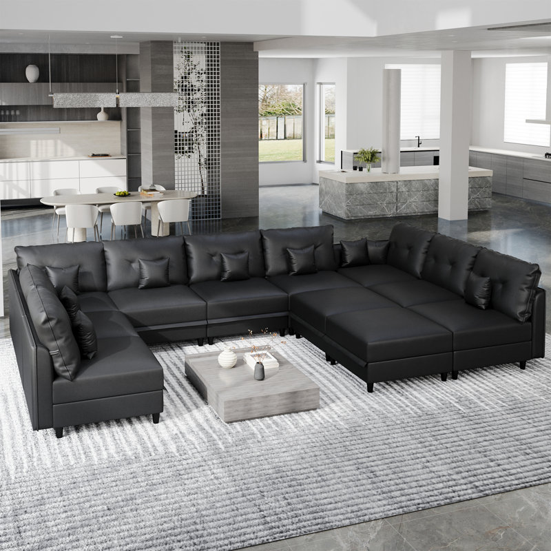 Edorta Upholstered U-Shaped Sectional, Black Faux Leather