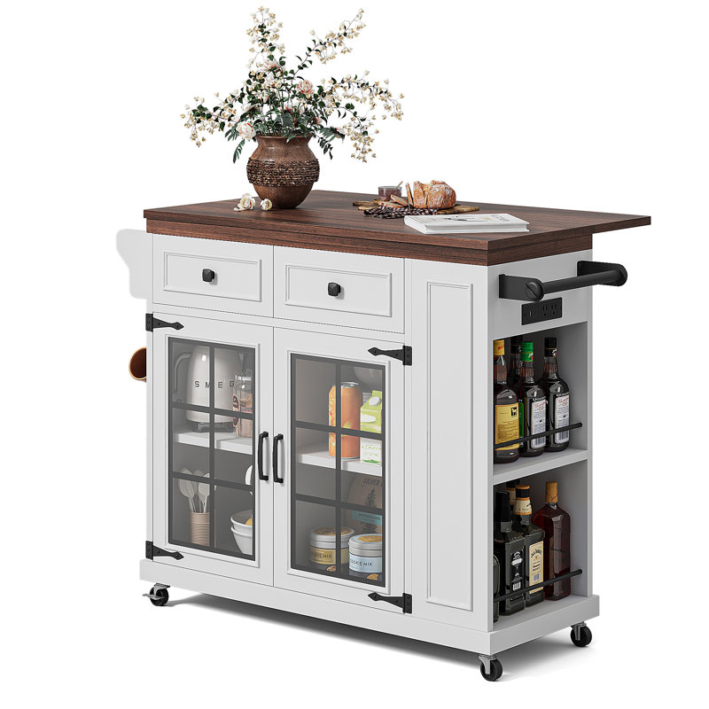   39.8"W Kitchen Cart With Drop Leaf ，Power Outlet, Kitchen Island On Wheels With  Storage Cabinet & Glass Doors