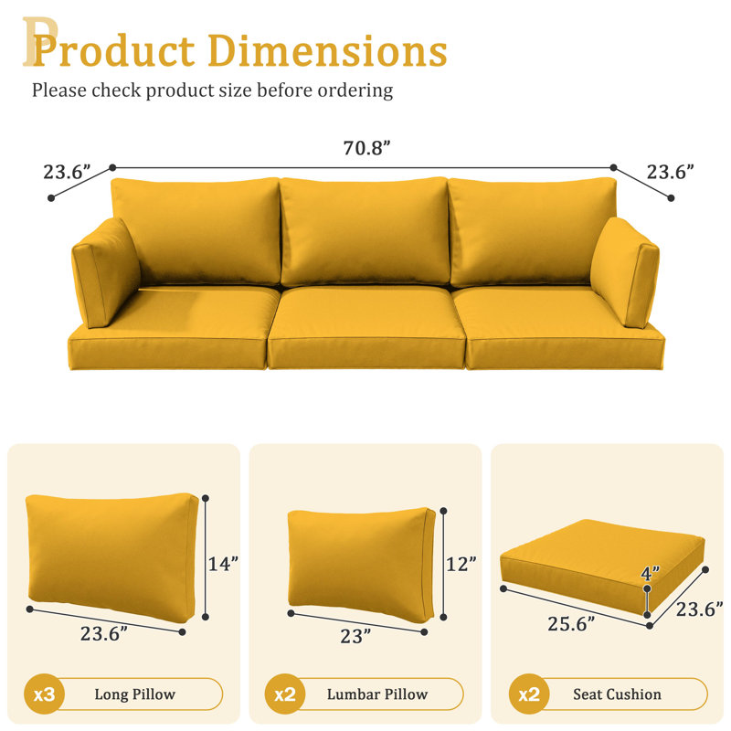 Outdoor 4" Thick Replacement Cushion Set Seat/Back Cushion (Set Of 3 Seats , 3 Backs , 2 Short Backs), Yellow