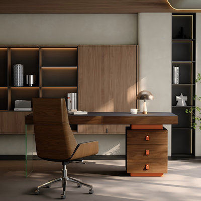 Brown Rectangle Saddle Leather Wood Writing Desk,3-drawer