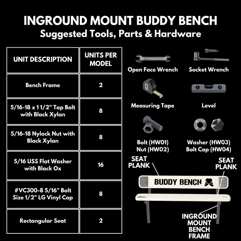 Buddy Bench, Black, Expanded, 6Ft, With Back, Inground, 6ft Buddy Bench Inground, Punched, Yellow