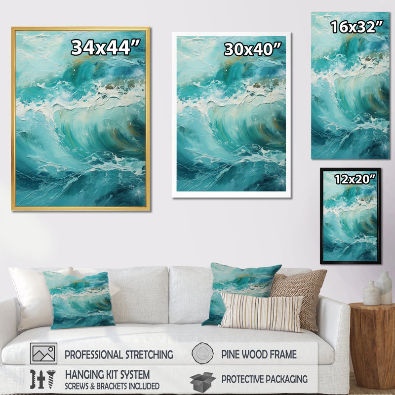 Impression sur toile Ocean Teal Wave Expression II - Coastal Waves, H 20 po x l 12 po x P 1 po, Cadre simple noir