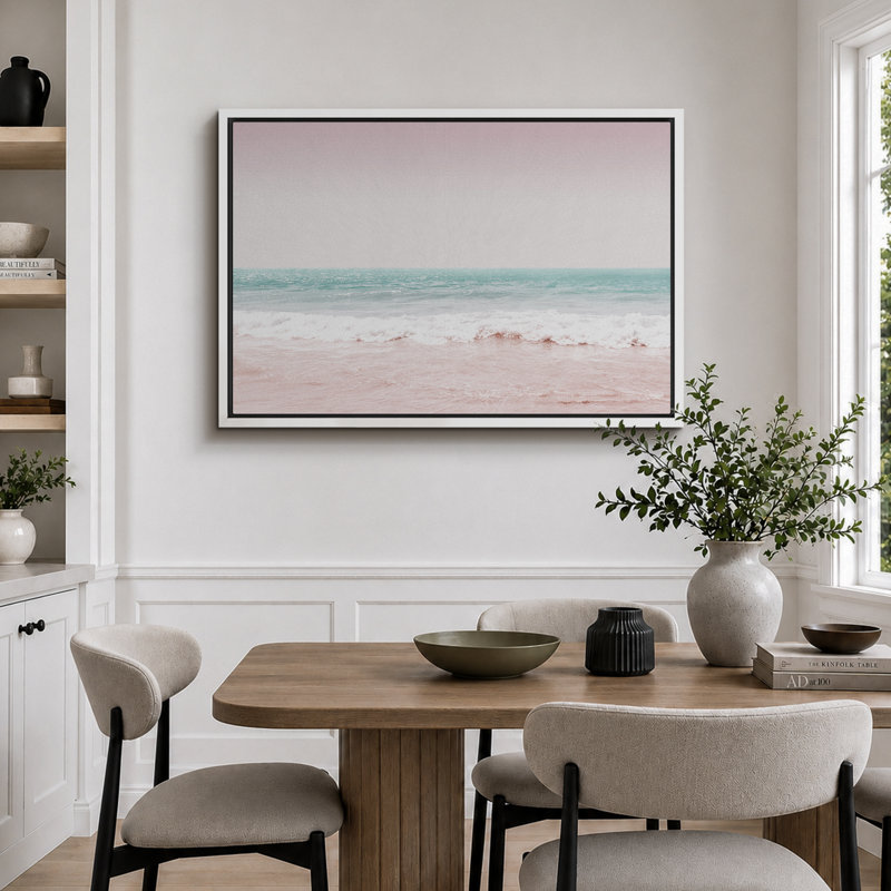 Plage côtière, rose, bleu sarcelle, vagues de l'océan, nature, paysage, illustrations, moderne, rustique, H 24 po x l 36 po