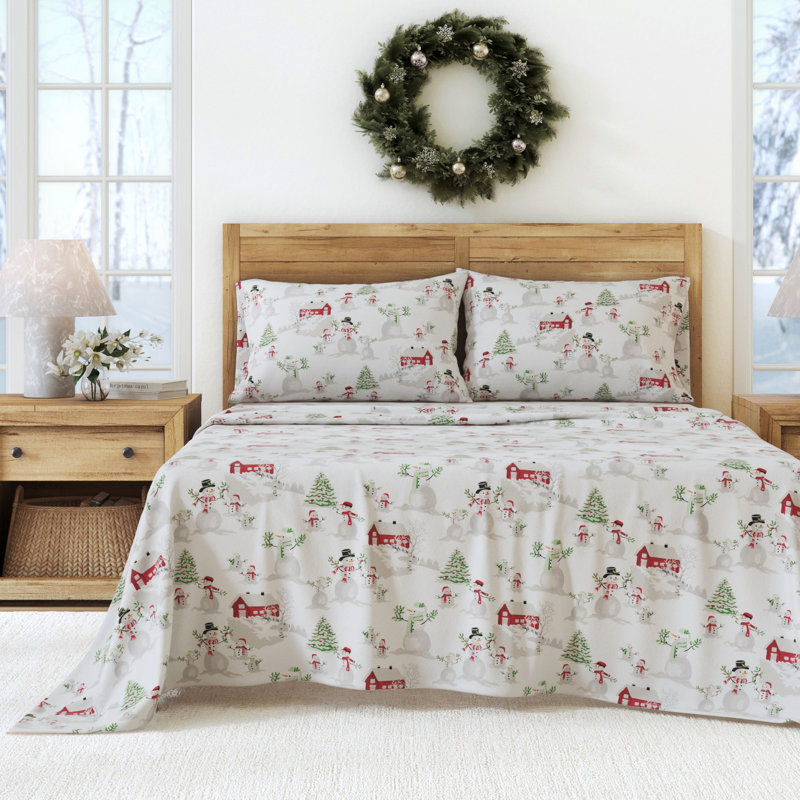 100% Turkish Cotton Flannel Christmas Sheet Sets, Winter Wonderland, King with 2 Pillowcases