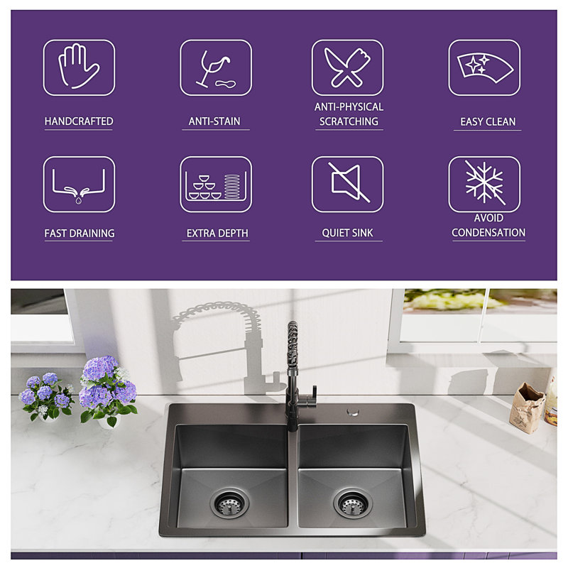 33'' L Undermount Double Bowl Stainless Steel Kitchen Sink