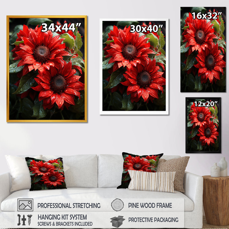 Fleurs de tournesol rouges - tournesols, art mural, Cadre doré simple, H 32 po x l 24 po x P 1 po