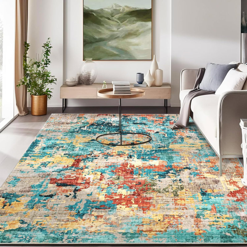 Area Rug, Modern Abstract, Washable, Non-Slip, Thin Soft Large Area Rug for Living Room, Bedroom, Dining Room, Blue.