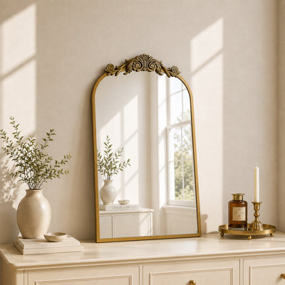 Ornate Crowned Arch Gold Aluminum Frame Wall Mirror
