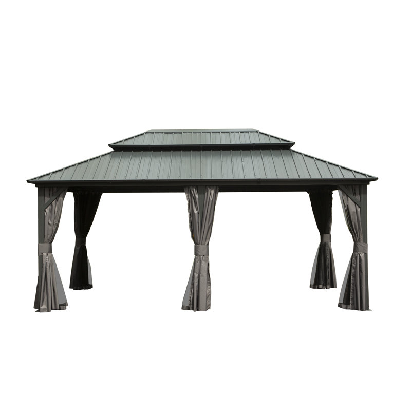Aluminum Metal Gazebo With Galvanized Steel Double Roof Canopy, Gray, 120.37" H x 240.25" W x 143.87" D