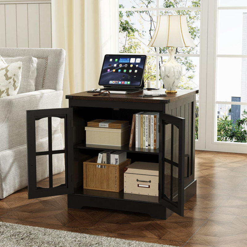 23.6" W Glass Door LED End Table with 2 Doors (Set of 2), Dark colors, Black