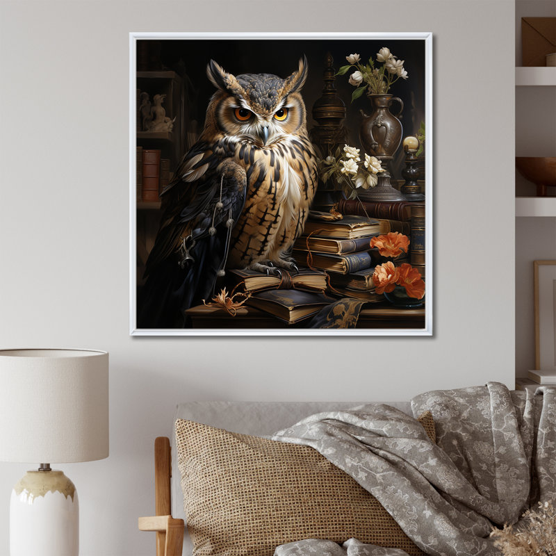 Art mural hibou brun de la Renaissance, Cadre flottant blanc, 16" H x 16" W
