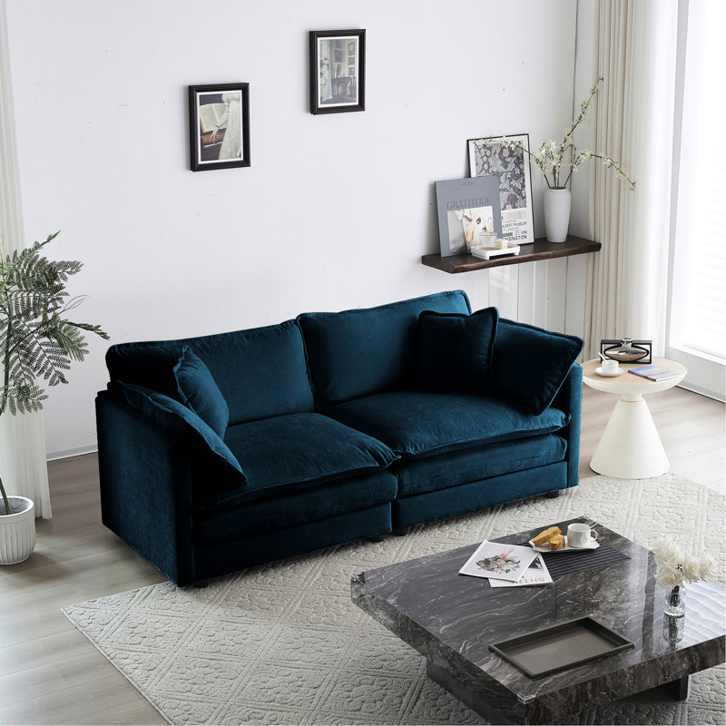 Canapé en chenille bleu pour la maison, 2 avec 4 coussins, base en bois massif, salon moderne en tissu haut confort - chenille, structure solide, revêtement