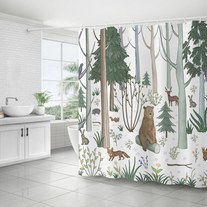 Rideau de douche en polyester imprimé animaux de la forêt avec 12 crochets en plastique 72 * 72 pouces