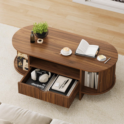 Table basse ovale de 47,2 po avec rangement, table centrale cannelée de style Mid-Century avec tiroir et portes d'armoire coulissantes, décoration de table basse d'appoint pour petit salon (noyer)